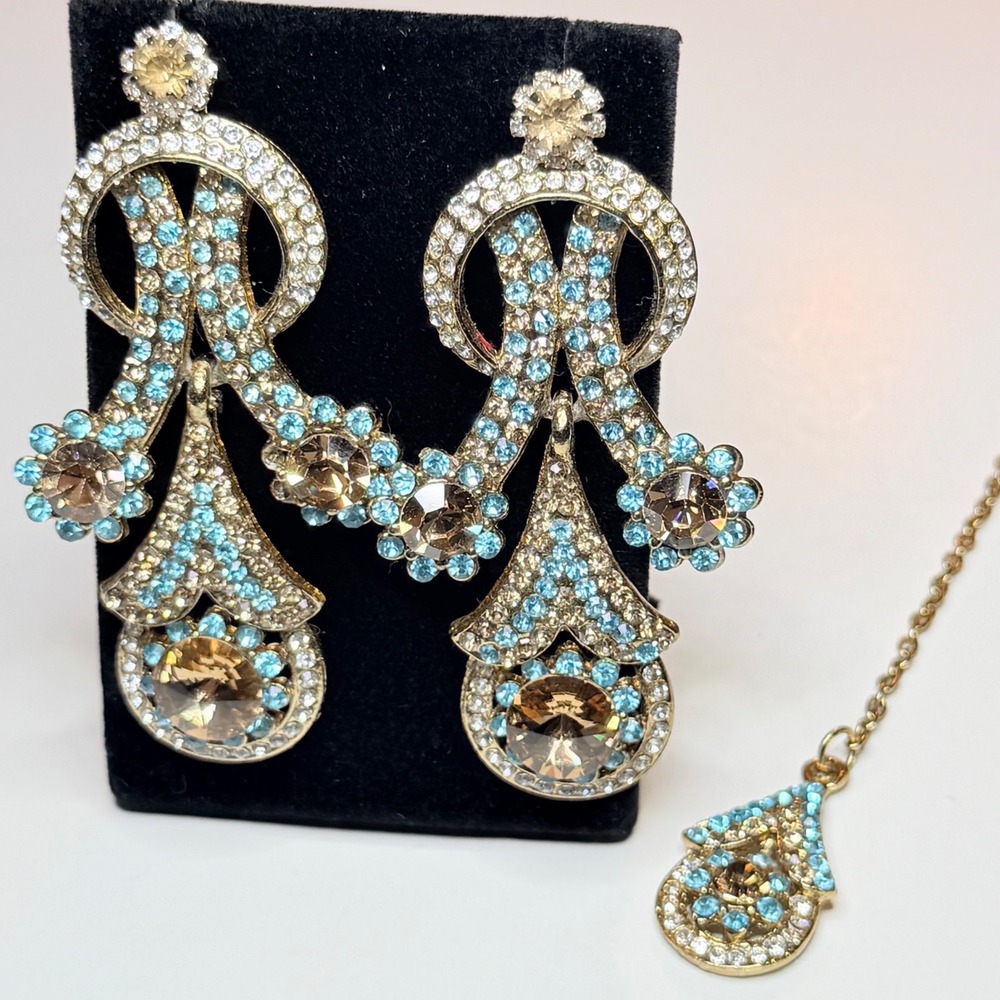 Gold Tone Blue Champagne Crystal Chandelier Earrings & Maang Tikka Set